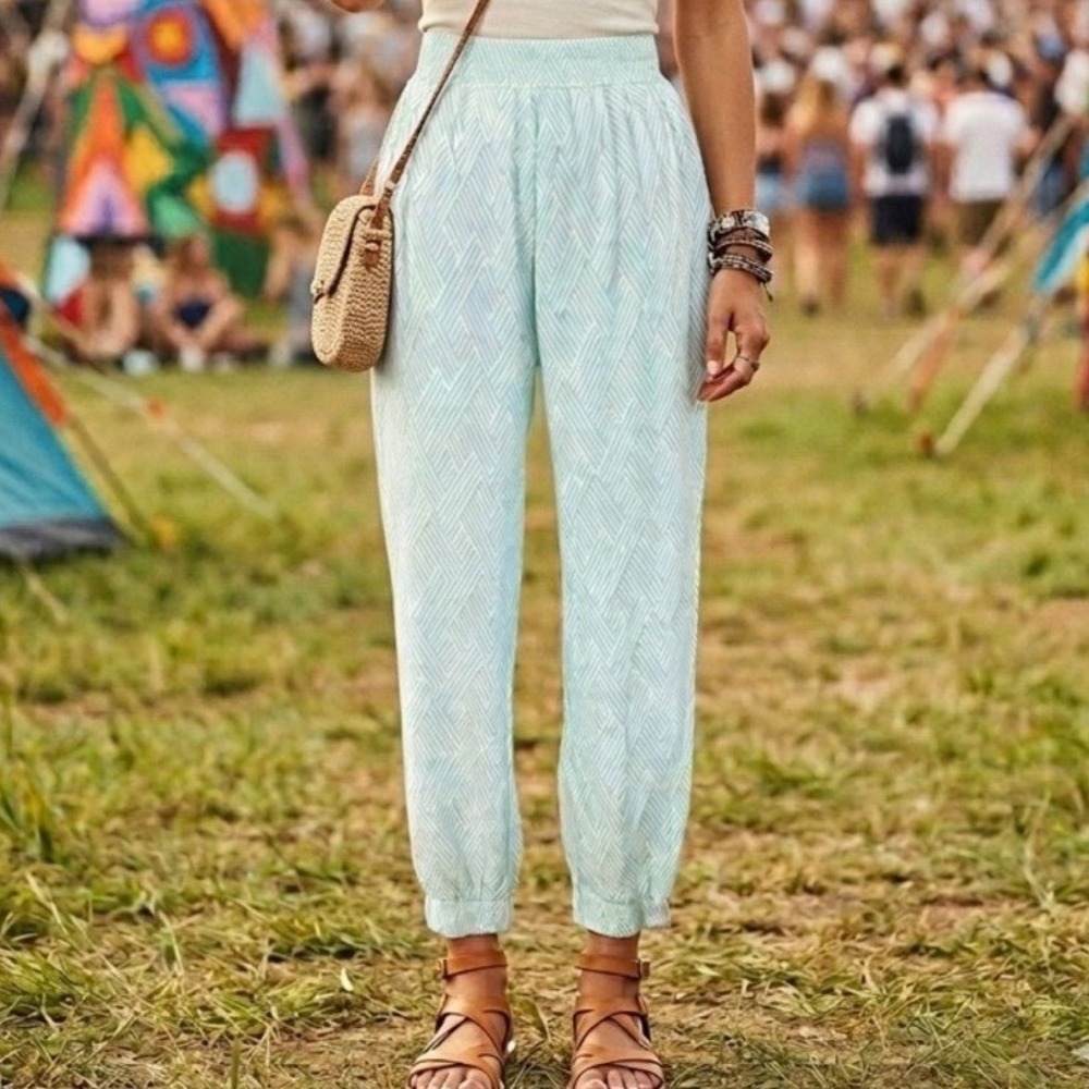 Nanette‎ Lepore Geometric Print Jogger Pants Mint White Lrg Boho Festival Casual